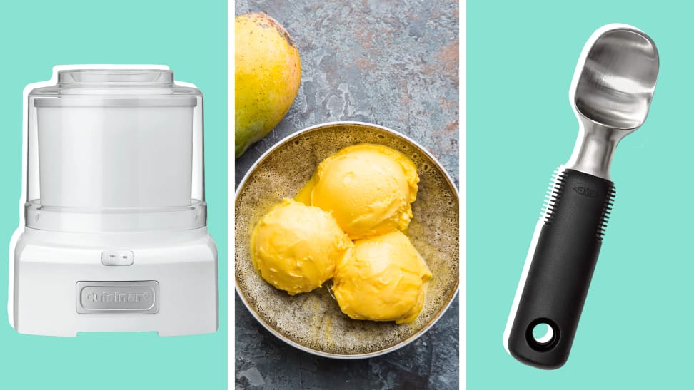 Three images of a small ice cream maker; scoops of yellow sorbet; and an ice cream scoop.