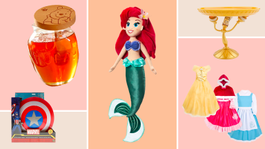 A jar of Winnie The Pooh honey in the top left against a rose pink background top left. A mini Captain America shield against a grey background in the bottom left. An Ariel plush against an orange background in the middle. A candelabra tray against a grey background on the top right. Three Disney Princess dresses against a rose pink background in the bottom right.