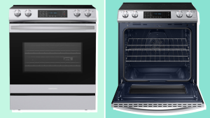Two images of an electric range against a green background.