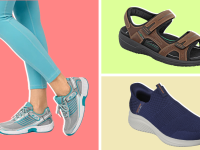A three panel image with Orthofeet sneakers, Skechers slip-ins and Orthofeet sandals on a colorful background