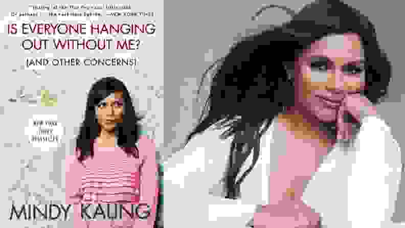 On left, book cover that reads "Is Everyone Hanging Out Without Me? (And Other Concerns)." On right, Mindy Kaling smiling while biting finger.