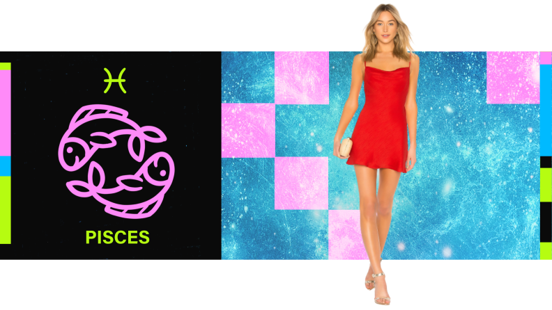 On the left is the symbol for Pisces, and on the right is a model wearing a red mini dress.