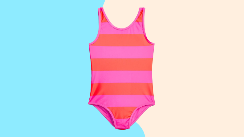 A red and fuschia-striped kids' bathing suit