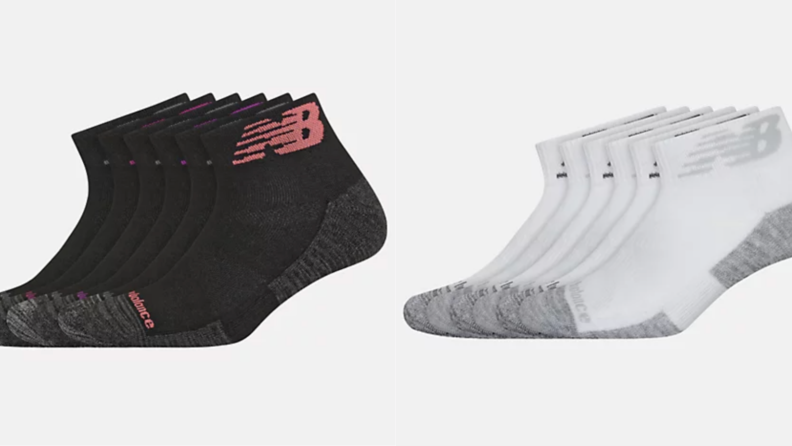 A set of black ankle socks next to a set of white ankle socks.