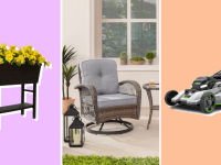 A collection of home garden items in front of colored backgrounds.