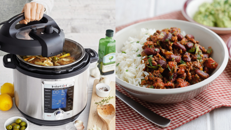 On the left, a person is removing the lid off of an Instant and revealing the dish inside. On the right, a bowl of beans and rice is ready to be served on a placemat.