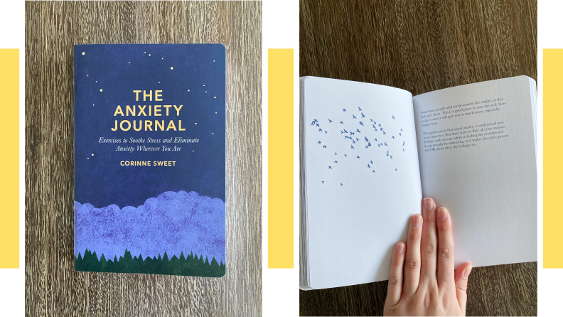 Photos of the cover and blank inside pages of The Anxiety Journal: Exercises to Soothe Stress and Eliminate Anxiety Wherever You Are.