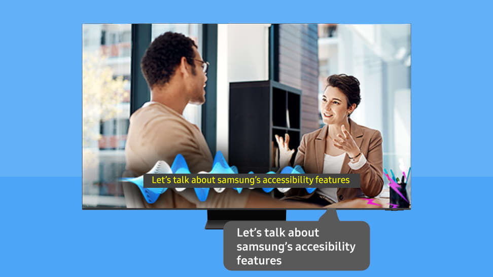 Desktop computer features two people talking with a subtitle caption on screen.