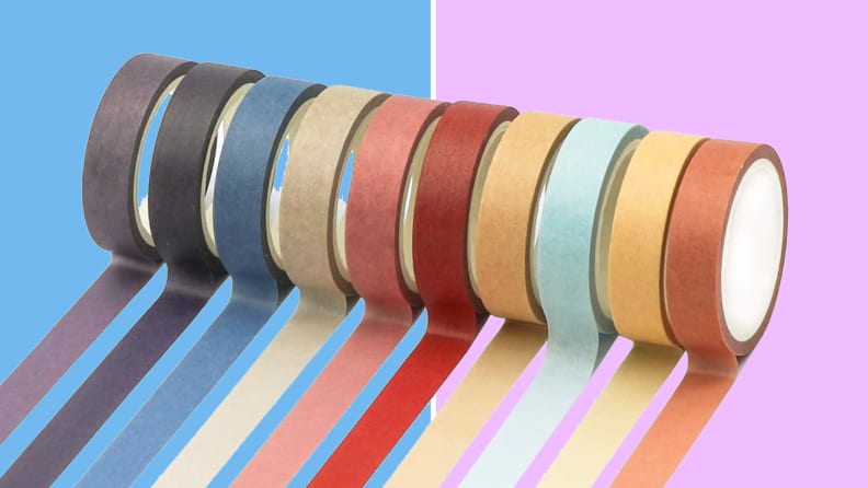 Picture of a rainbow set of washi tape in different colors, half unwrapped so the bobbins rest straight upright.