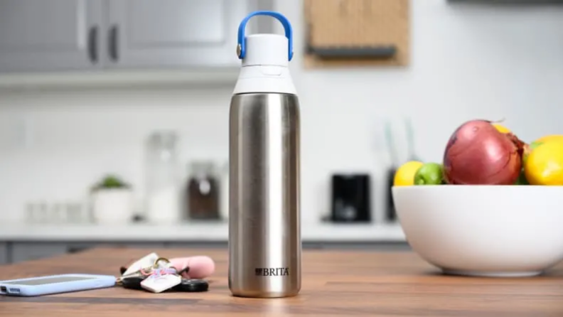 Close up of a metal water bottle.