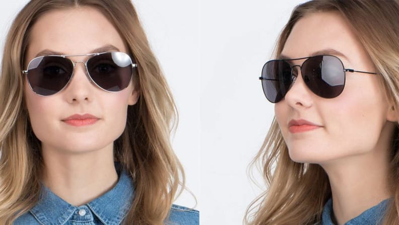 A model wears Aviator sunglasses.