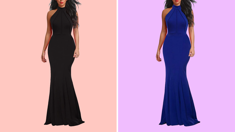 An image of two different colors of the same dress, one black and one royal blue. The dress is a body-hugging halter neck dress, with a flared hem.