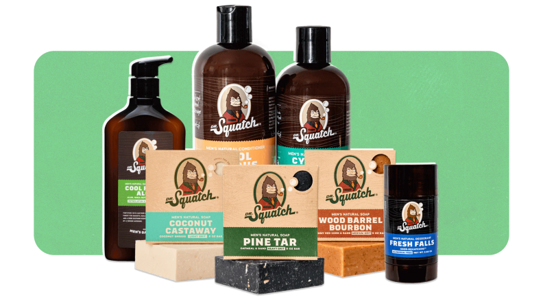 Several Dr. Squatch men’s grooming products, including soaps, haircare, and more.