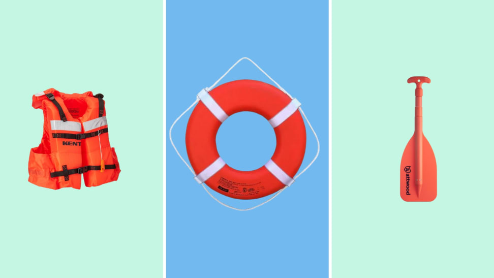 A collage featuriung a life jacket, a life buoy, and a paddle.