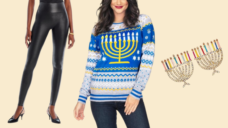 A model wearing faux-leather leggings, a model wearing a menorah sweater, and menorah earrings.