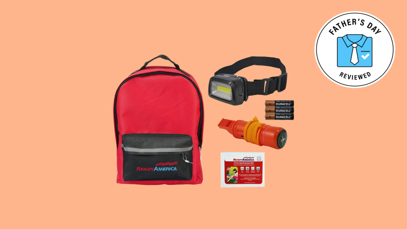 A backpack along with headlamp, batteries, whistle-compass, and pocket first aid kit, all set against a light orange background.