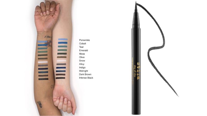 On the left: Two arms of lighter and deeper skin tones show swatches of the different colors of the Stila Stay All Day Liquid Eye Liner. On the right: The black Stila eyeliner tube with a swatch of black liner next to it.