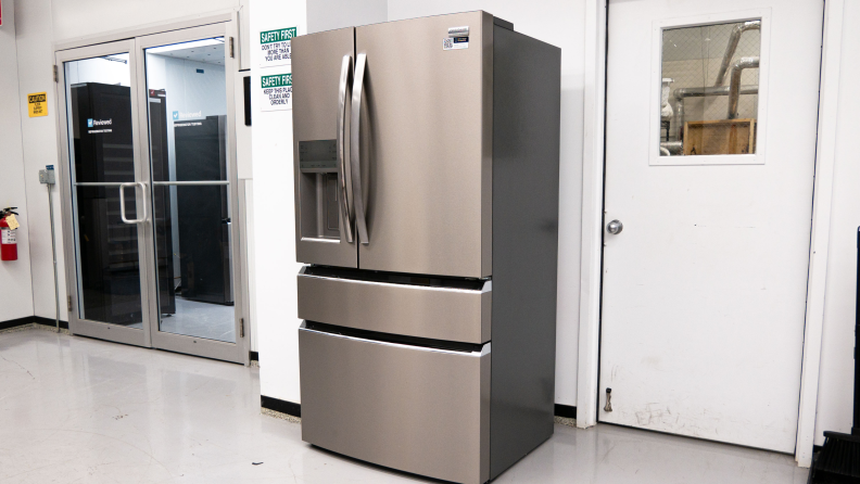 The Frigidaire GRMC2273CF French-door refrigerator set up outside our fridge testing labs
