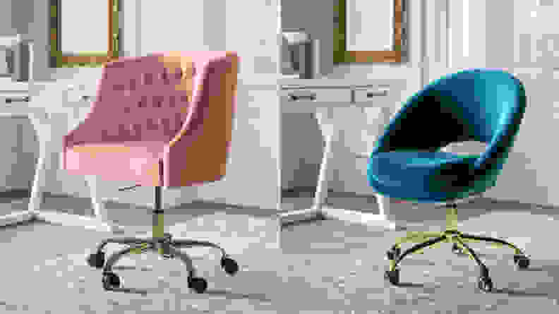 pink and blue office chair next to desk