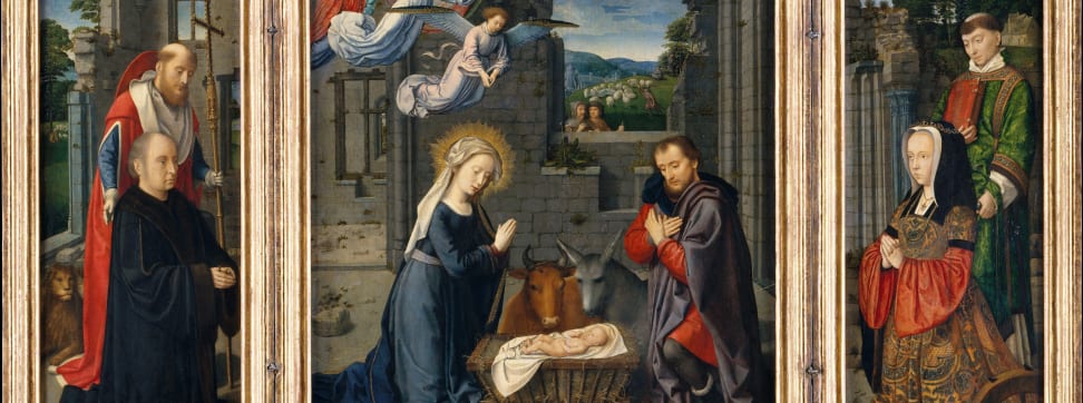 A crop of Gerard David's "The Nativity with Donors and Saints Jerome and Leonard"