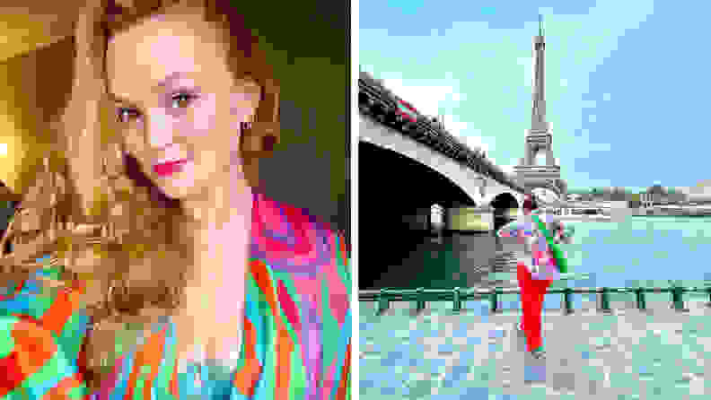 A close-up photograph of the author wearing a colorful printed dress, and a shot of her standing in front of the Eiffel Tower wearing a printed shirt with a long red skirt.