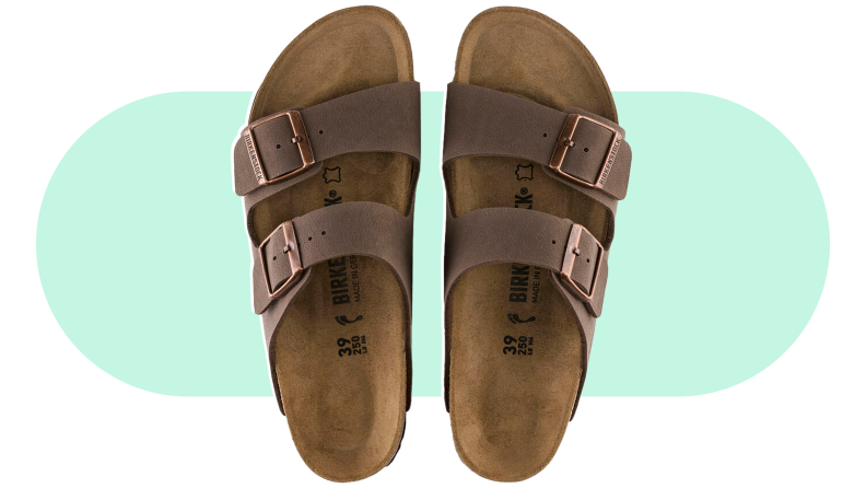 Birkenstock Arizona on a green background.