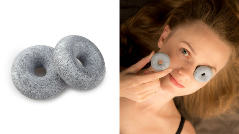 On left, two gray donut-shaped orbits eye stones. On right, woman laying down holding one gray donut-shaped orbits eye stone in her hand while one sits on her left eye.