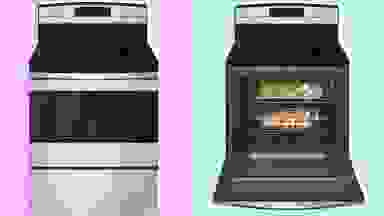 Two images of a stainless steel electric oven with its door closed and open.