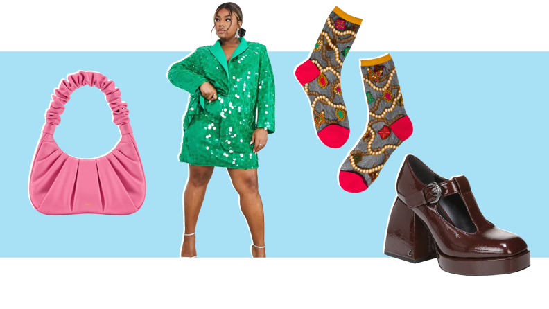 A pink JW Pei bag, an Asos sequined dress, Sock Candy sheer socks, Sam Edelman pumps.