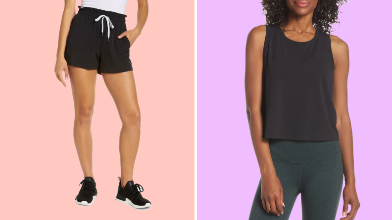 An image of a pair of black drawstring workout shorts, alongside an image of a cropped high neck workout top over dark green workout leggings.