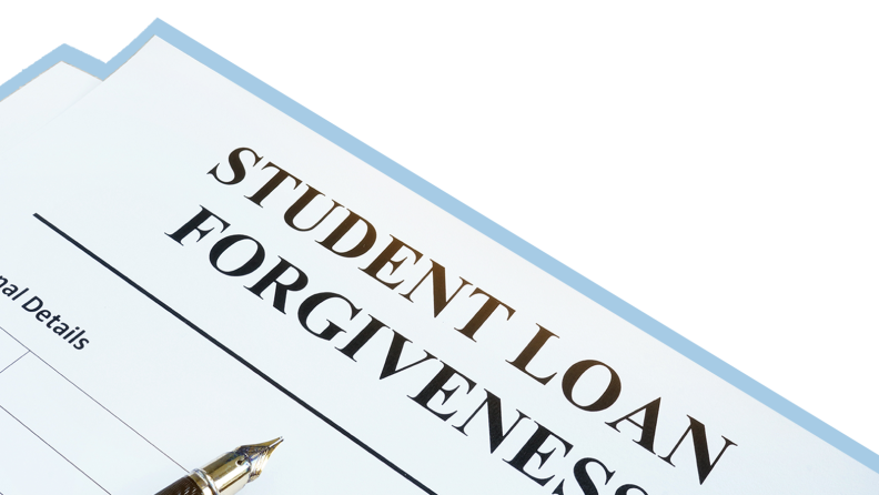 Graphic of a sheet of paper titled “Student Loan Forgiveness.”