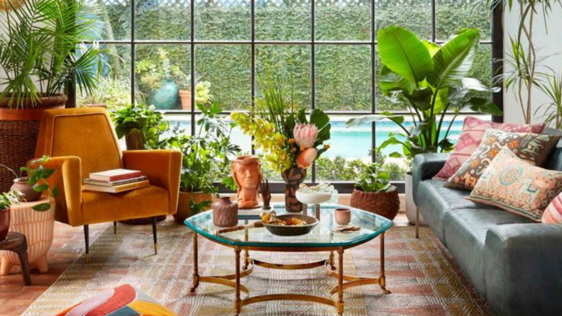 Colorful loom rug in a vibrant living room with plants, accent couches and chairs, pillows, a coffee table, and a large window.