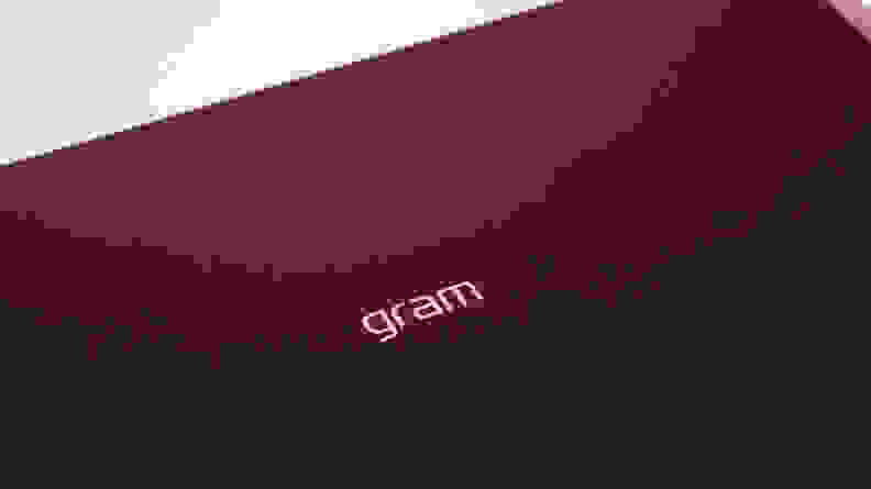 A close-up of the LG gram Pro 17 laptop's lid with a Gram logo.