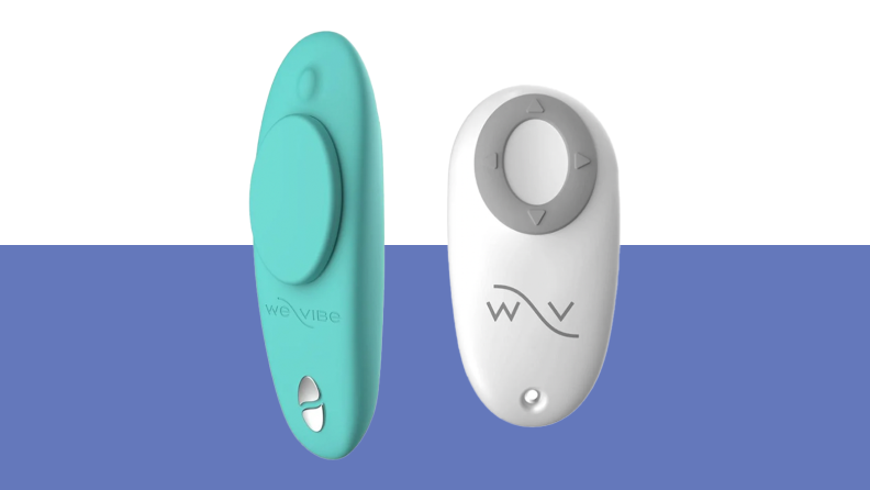 Product shots of the teal and white We-Vibe  Moxie+ Wearable Clitoral Vibrator.