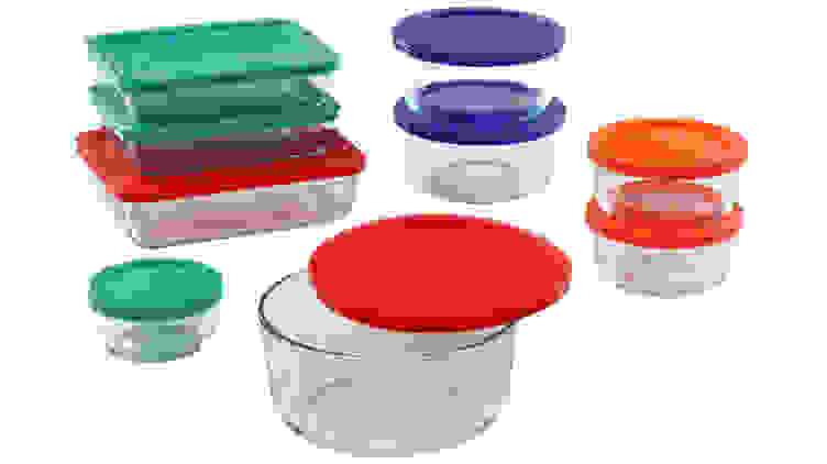 A set of Pyrex Simply Store containers with colorful lids