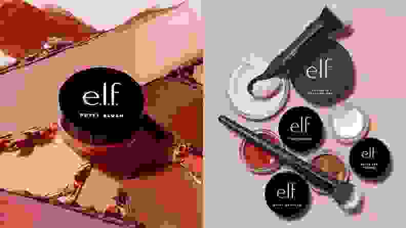 Different shades of blush under jar of E.L.F blush. On right, different jars of  E.L.F products