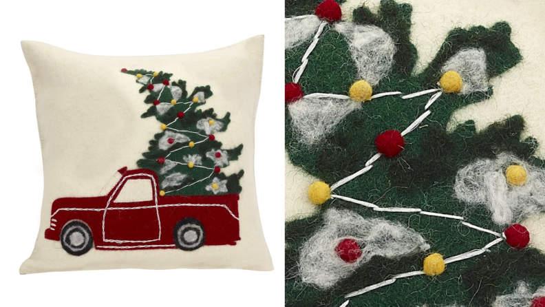 A pillow with a Christmas tree motif.