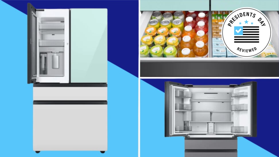A French-door Samsung fridge on colored background.