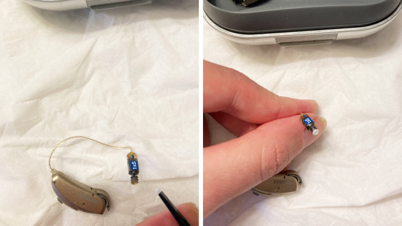 On left: a wax guard applicator pointed towards a hearing aid. On right: a new wax guard applicator installed on a hearing aid