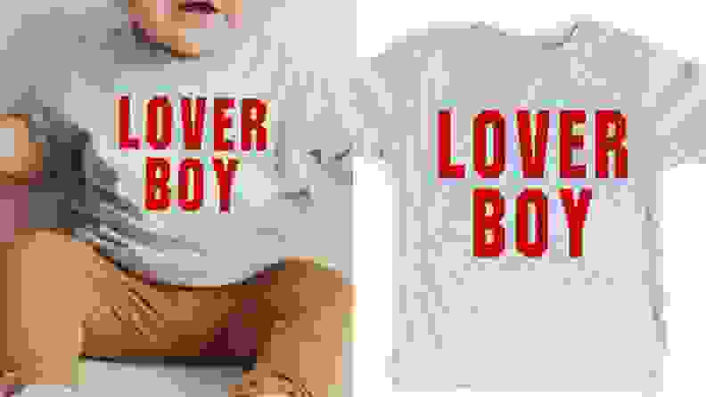 Toddler wearing gray printed t-shirt that reads "Lover Boy"
