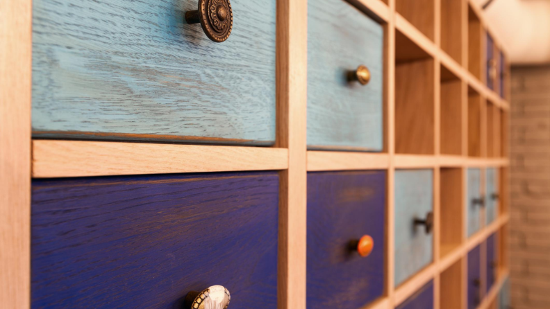 Drawer with multiple different colors and cabinet knob styles and colors