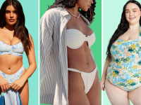 Three swimsuits in light colors like white, light blue, and teal
