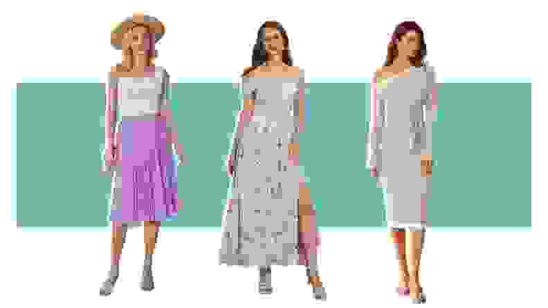 A cream sweater dress, a purple floral dress, and a purple pleated skirt.