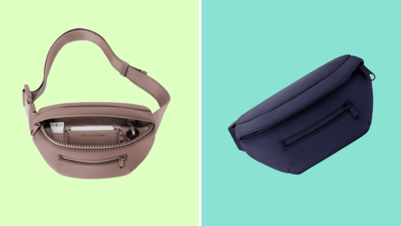 A mauve fanny pack, shown open with items inside, and a navy blue version that is closed.