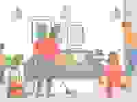 Illustration of family of 4, including 2 kids, cleaning a house