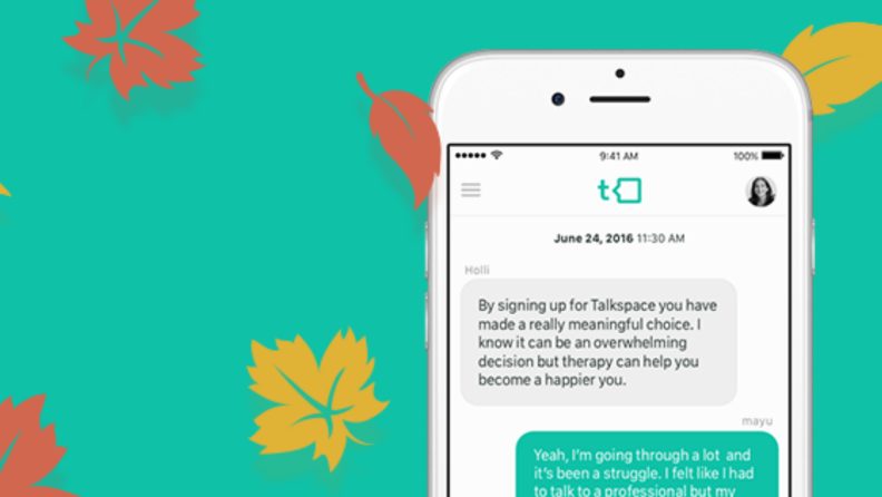 A smartphone display shows a preview of the Talkspace app, a digital text-based therapy service.