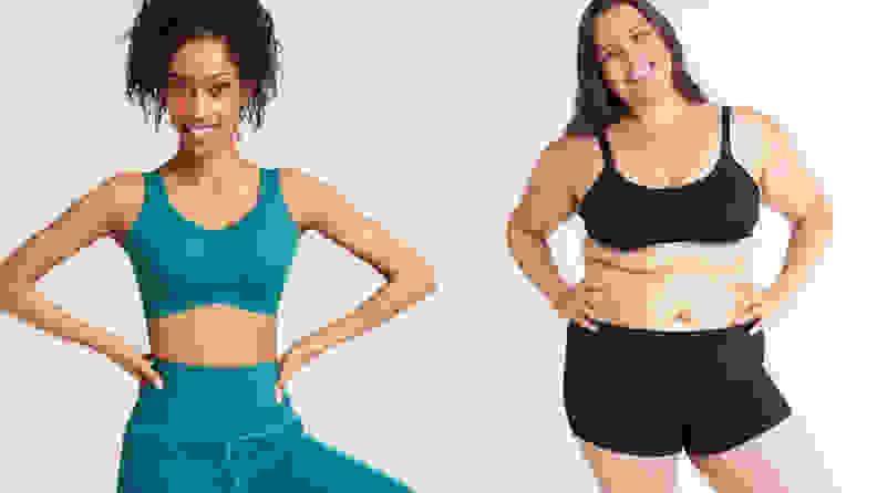 left: woman wearing knix exercise clothes right: woman wearing black knix bra and leakproof underwear