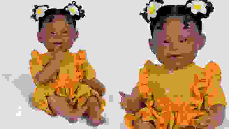A side-by-side image of baby Emma showing a closeup of her face and a wider angle of her puffy orange dress