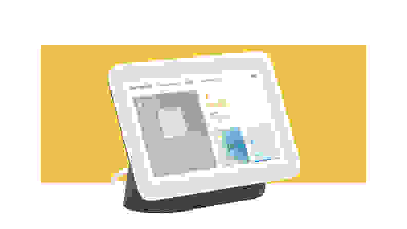 A Google tablet on a white and yellow background.
