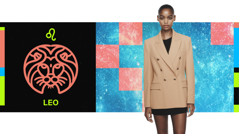 On the left is the symbol for Leo, and on the right is a model wearing a khaki-colored blazer.
